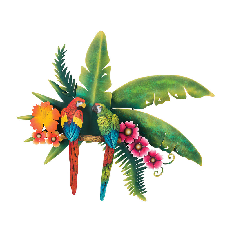 Tropical parrot metal wall decor with two colorful birds, leaves, and flowers on branch