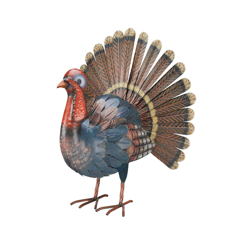 Painted metal turkey statue with red head, blue body, and open fan tail.