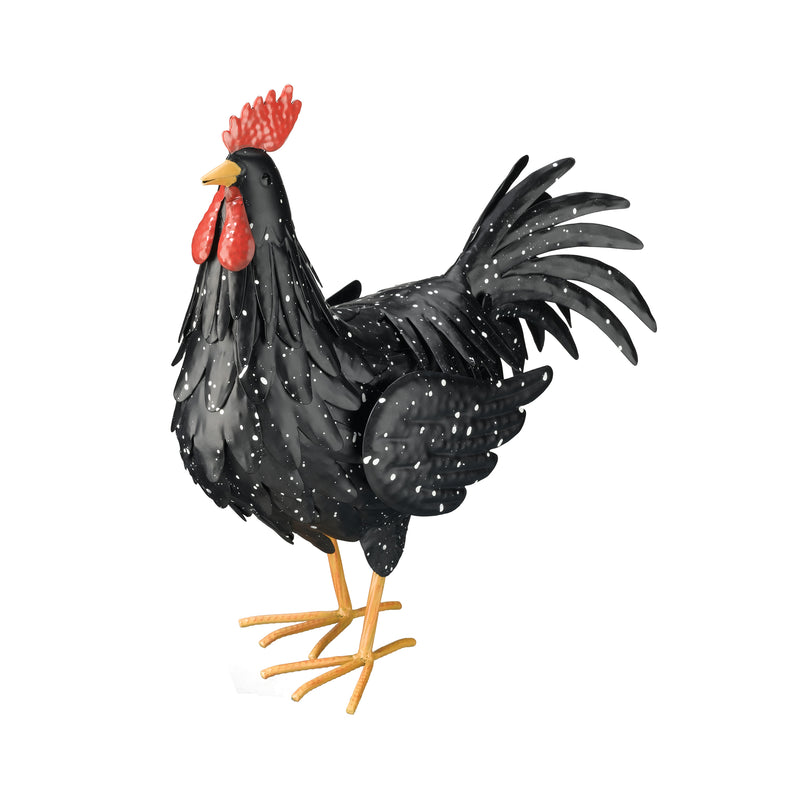 Large black metal rooster statue with red comb and speckled feather texture
