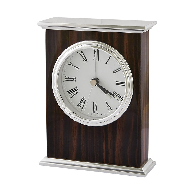 Dark wood alarm clock with silver Roman numeral dial and metal top and base