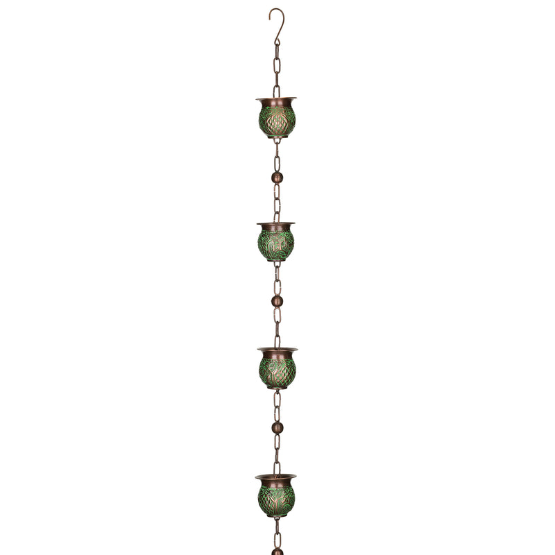 Patina pot metal rain chain with four green lidded cups and hanging links