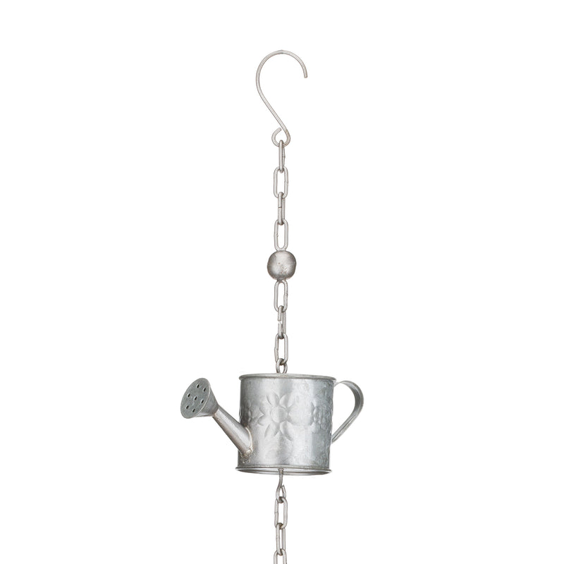 Metal watering-can rain chain with hanging hook and linked chain, sculpted spout