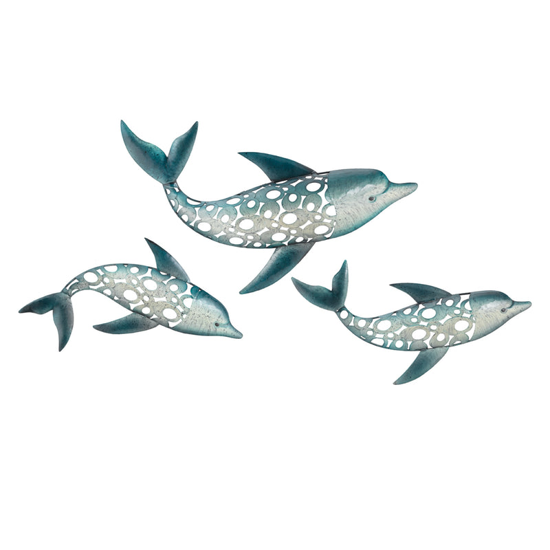 Set of 3 dolphin metal wall decor, teal and silver fish shapes with cutout spots