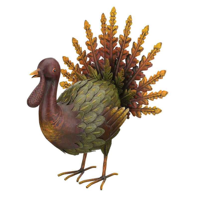 Decorative metal turkey statue with autumn leaf fan, brown body and bronze-gold feathers