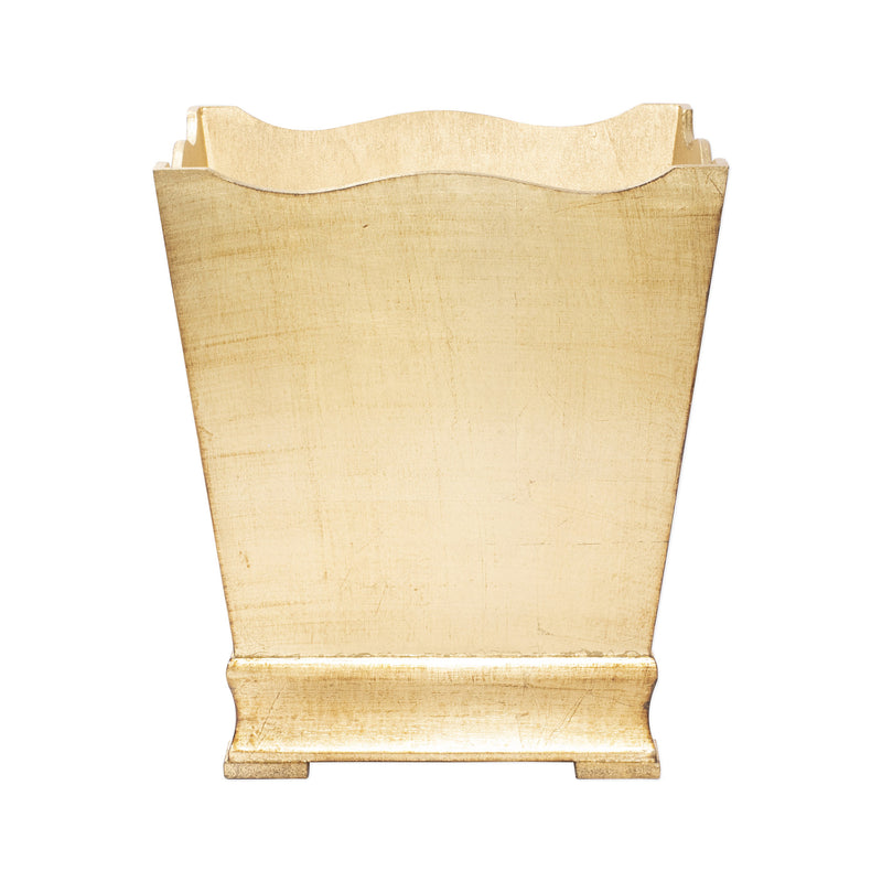 Wooden gold wastebasket with open top and decorative fluted base