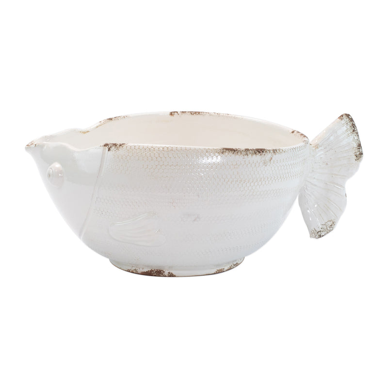 Vietri Rustic Garden fish cachepot, white ceramic bowl with textured surface