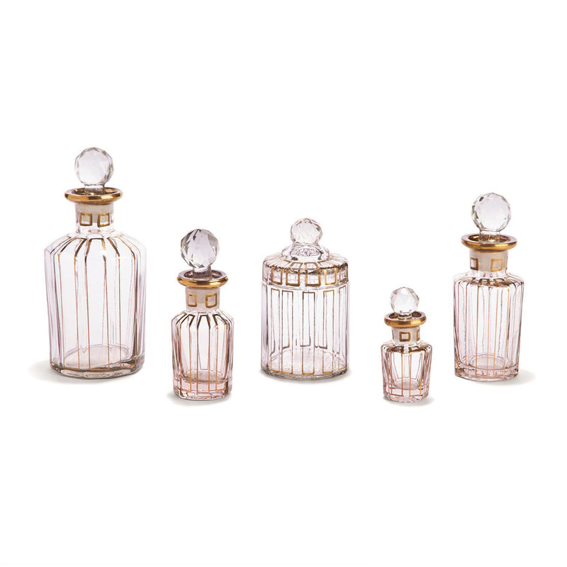 5-piece vanity bottle set, clear ribbed glass with gold caps and crystal knobs