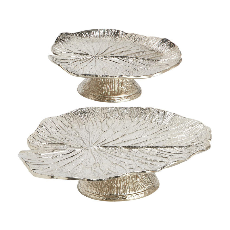 Set of 2 silver metal lily pedestal trays with embossed leaf design