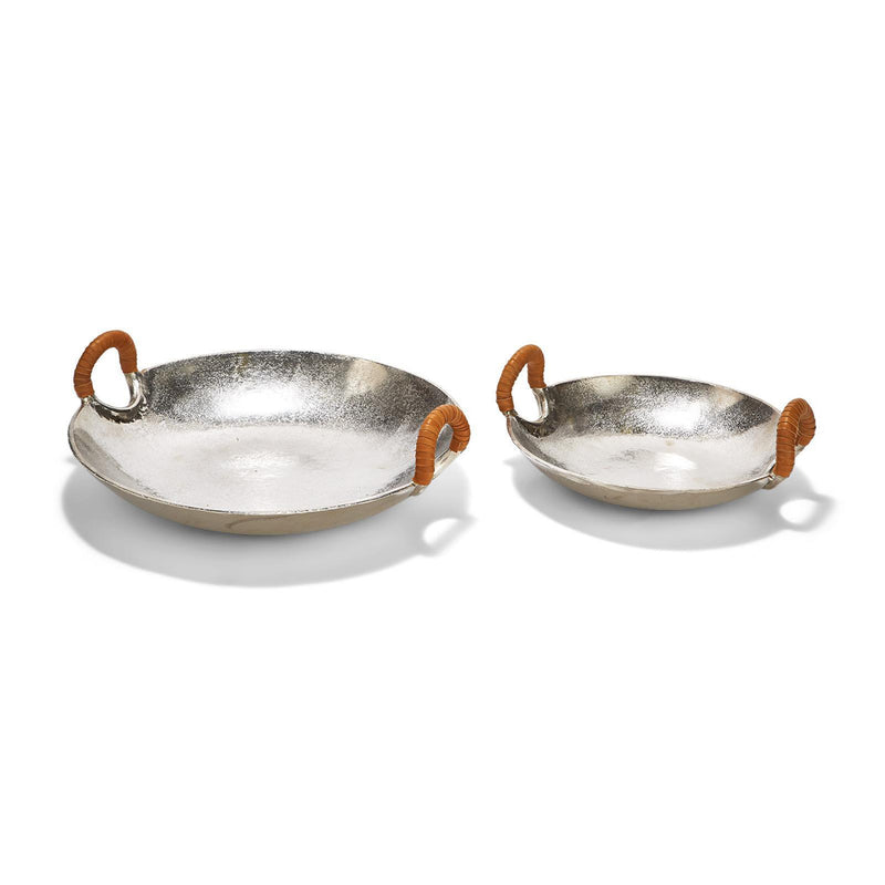 Set of 2 silver saucer trays with tan leather handles, oval shallow bowls