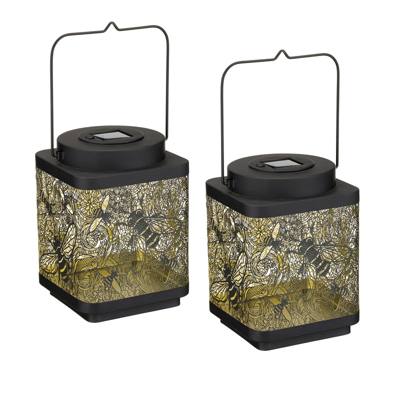 Set of two large solar shadow lanterns with bumblebee pattern, black tops and handles