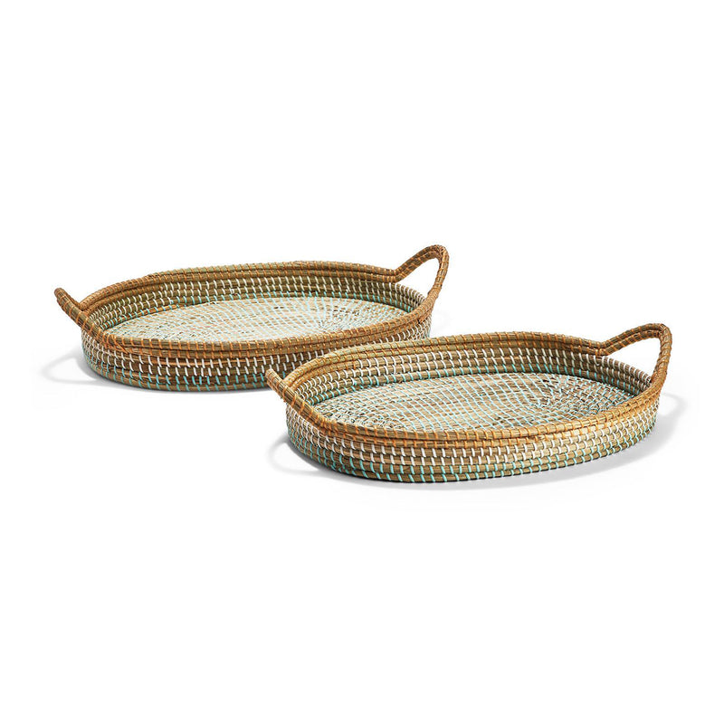 Set of 2 woven oblong serving trays with side handles, tan and dark green, oval shape