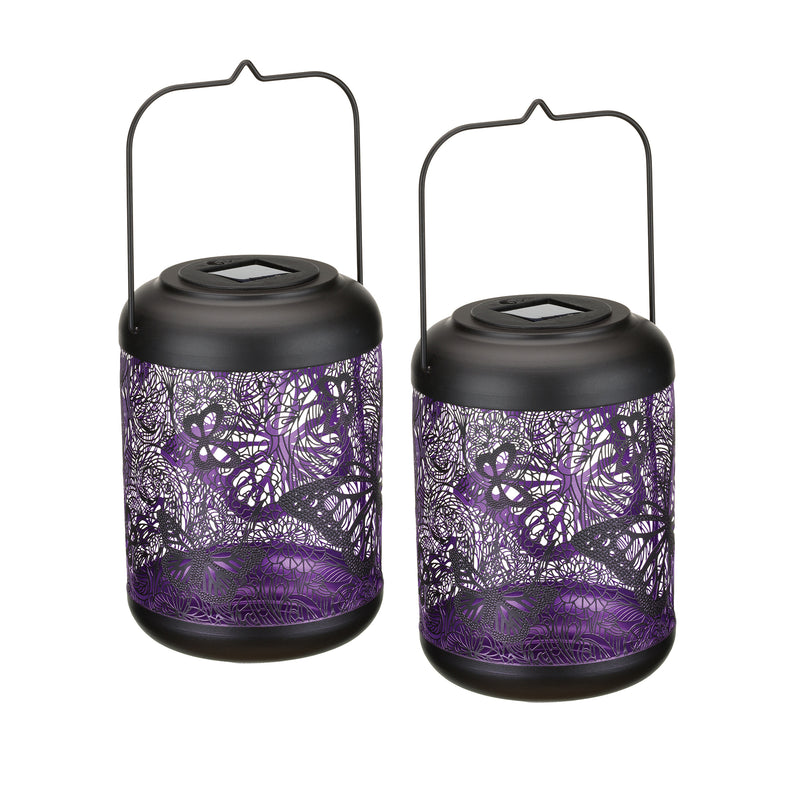 Set of 2 large solar butterfly shadow lanterns, black with purple patterned mesh