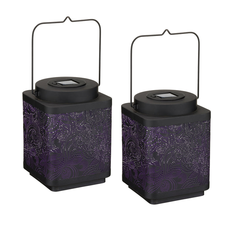 Set of 2 large solar lanterns with purple paisley cutout panels and black tops