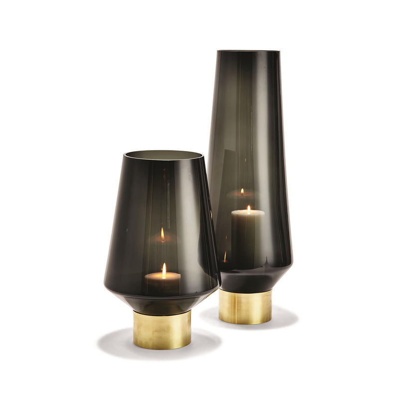 Set of 2 smoked glass metallic vases, dark tint with brass gold bases