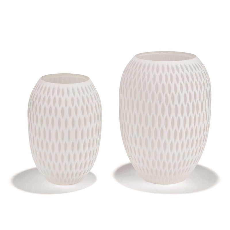 Set of 2 white honeycomb-textured glass vases with rounded, flared openings