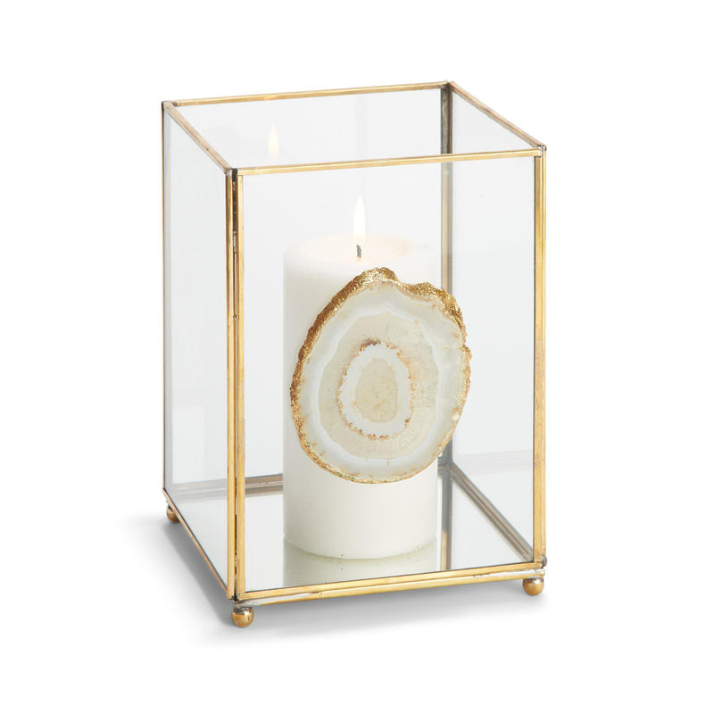 Agate glass hurricane candle holder with gold metal frame, clear cube glass, candle inside
