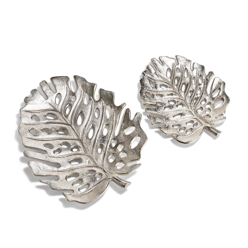 Set of 2 silver leaf-shaped decorative trays, sculpted philodendron style