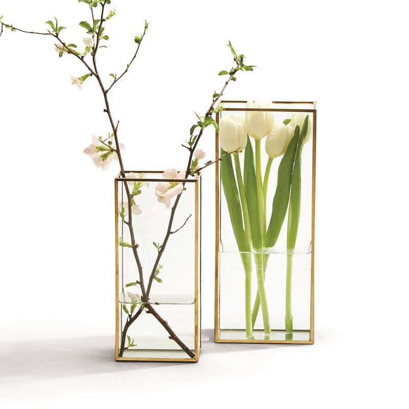 Set of 2 square windowed vases with gold trim, holding green tulips and branches