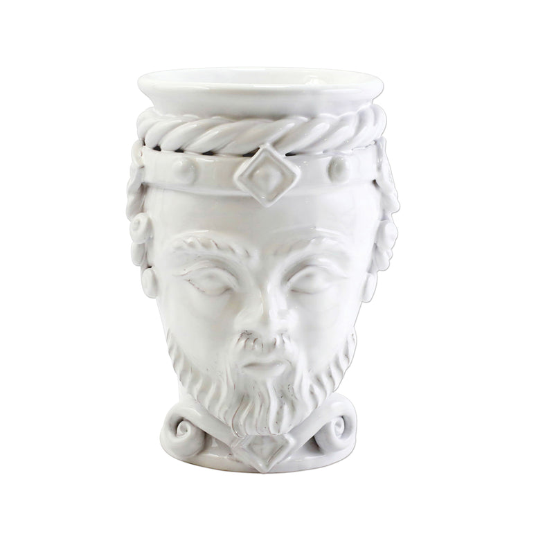Small white king head ceramic vase with crown-like band and facial relief
