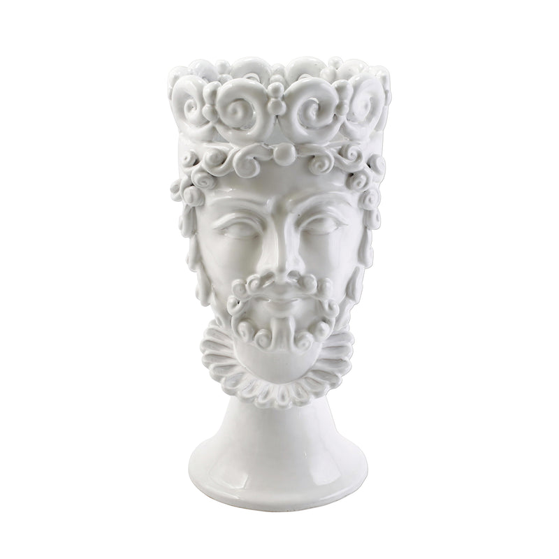 Vietri white large Sicilian king head figurine with ornate relief detail