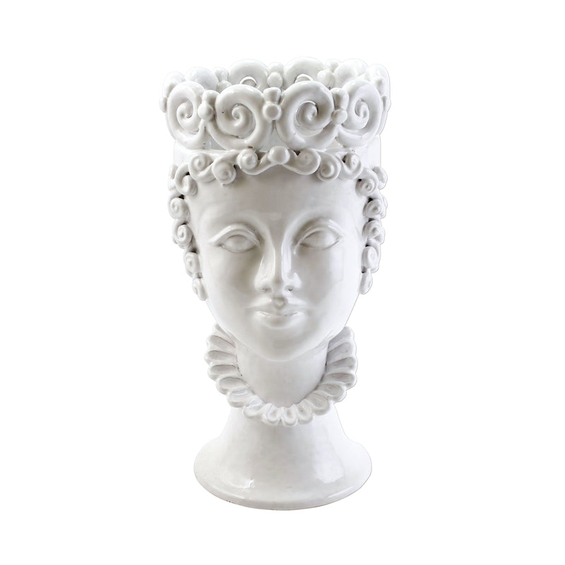 Vietri large white queen head sculpture with ornate swirl crown and facial relief