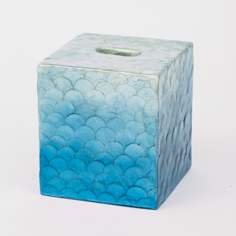 Blue ombre capiz shell tissue box with rectangular shape and cutout handle