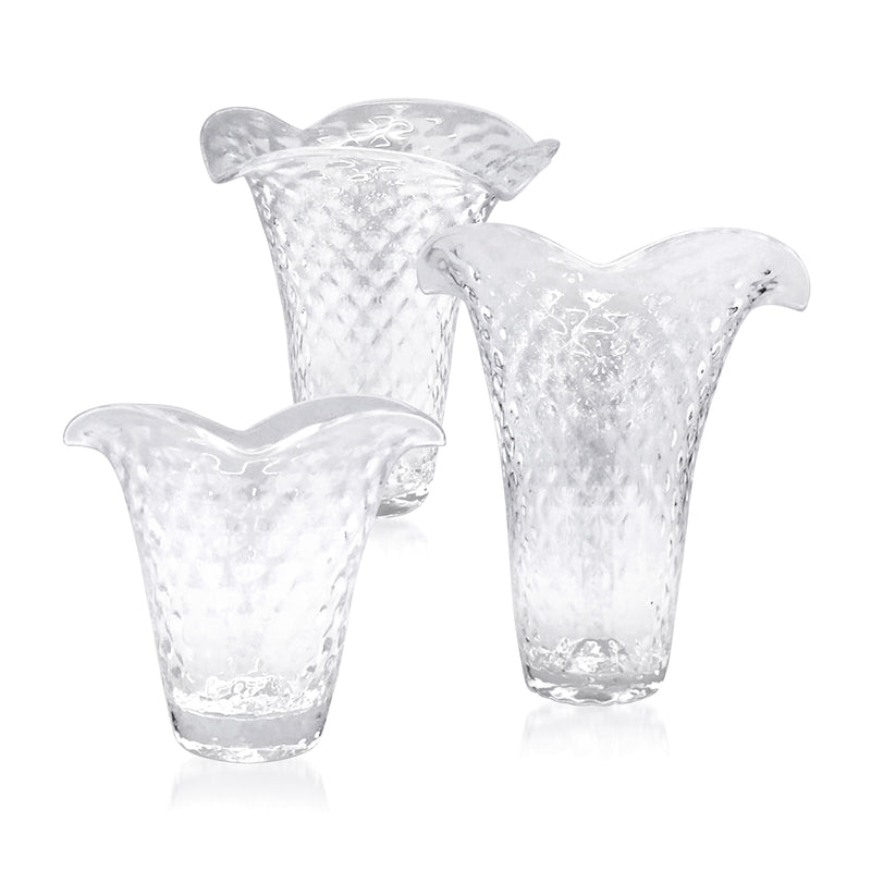 Glass flutter vase set of three with flared scalloped mouths