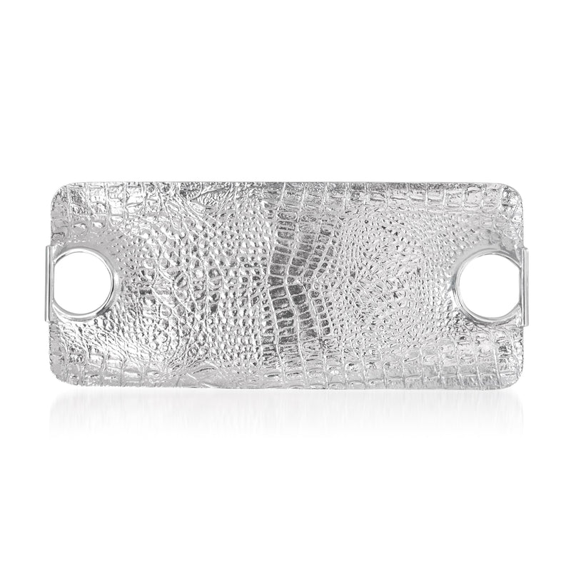 Mariposa croc-embossed handled tray in silver, rectangular with two round side cutouts