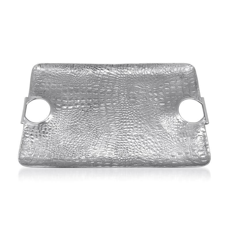 Mariposa croc large handle tray with embossed metallic silver finish and two side handles