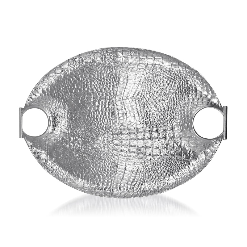 Silver croc-textured oval handled tray with two side handle cutouts