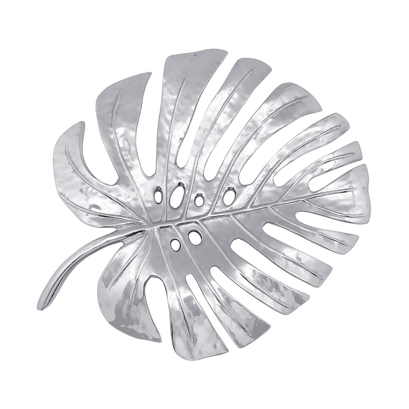 Silver-toned metal leaf centerpiece with cutout detail and round center holes