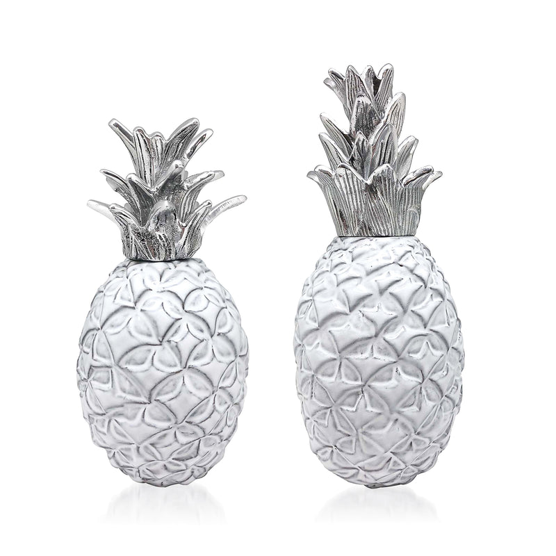 Ceramic pineapple ornament with embossed pattern and silver-toned leafy top