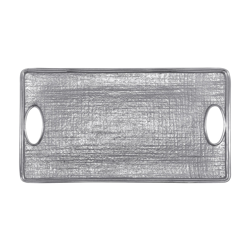 Rectangular linen tray with silver-gray textured finish and oval side handles