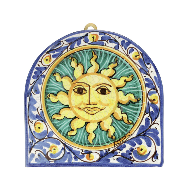 Vietri Sicilian Sun wall plaque with colorful ceramic tile sun face in blue frame