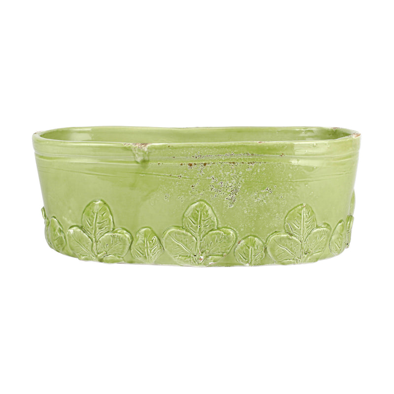 Pistachio oval ceramic planter with embossed garden leaf/basil design