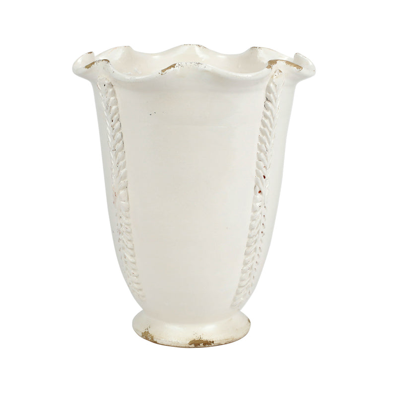 Tall white ceramic planter vase with scalloped rim and twisted rope-style handles