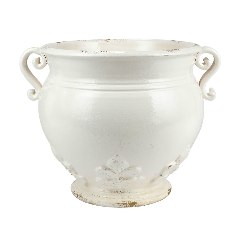Vietri rustic garden round planter in cream with loop handles and basil motif