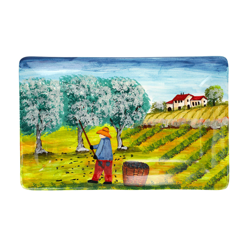 Vietri rectangular wall plate with painted olive grove landscape, trees, and house