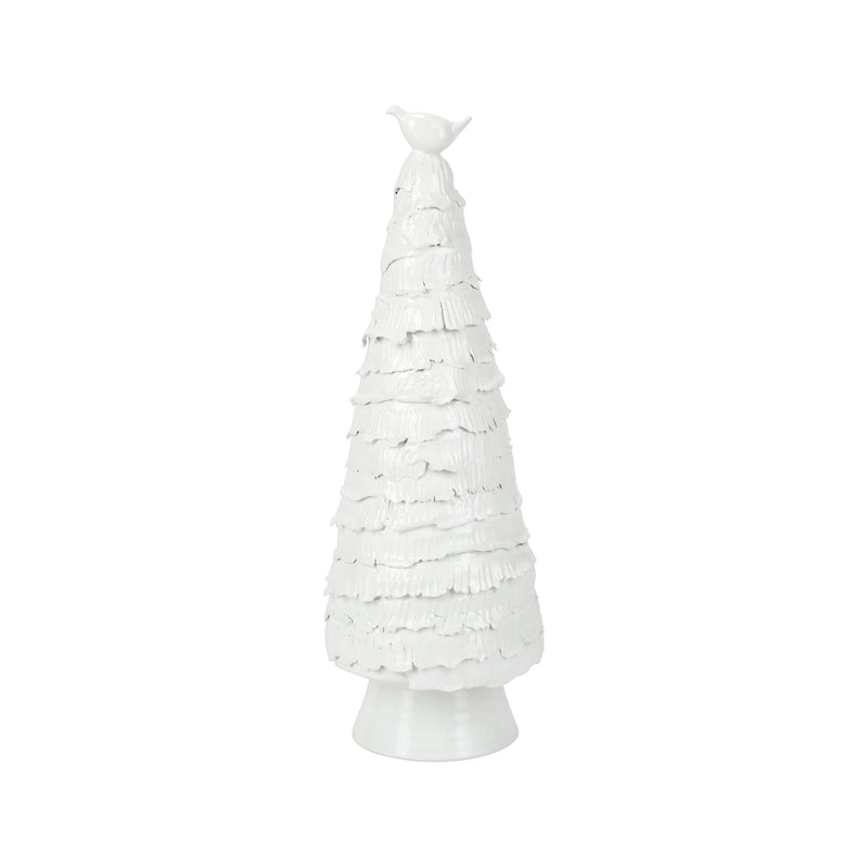 Large white ceramic tree ornament with a small perched bird on top