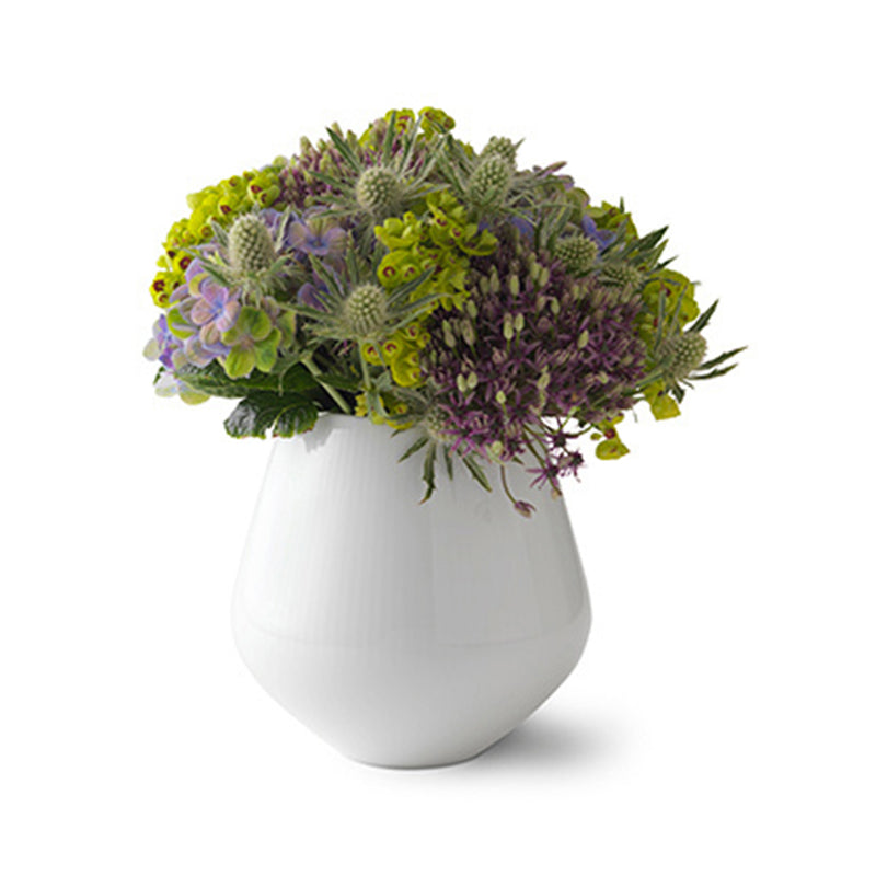Royal Copenhagen white fluted ceramic medium vase, wide rounded shape with ribbed sides