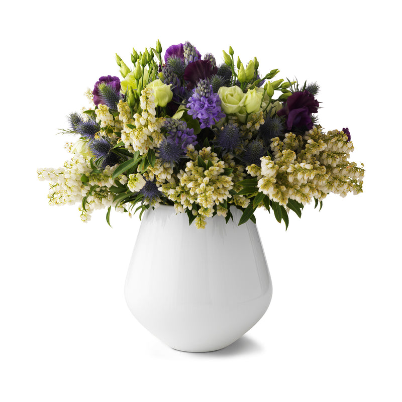 Royal Copenhagen large white fluted vase with fresh flower bouquet on top