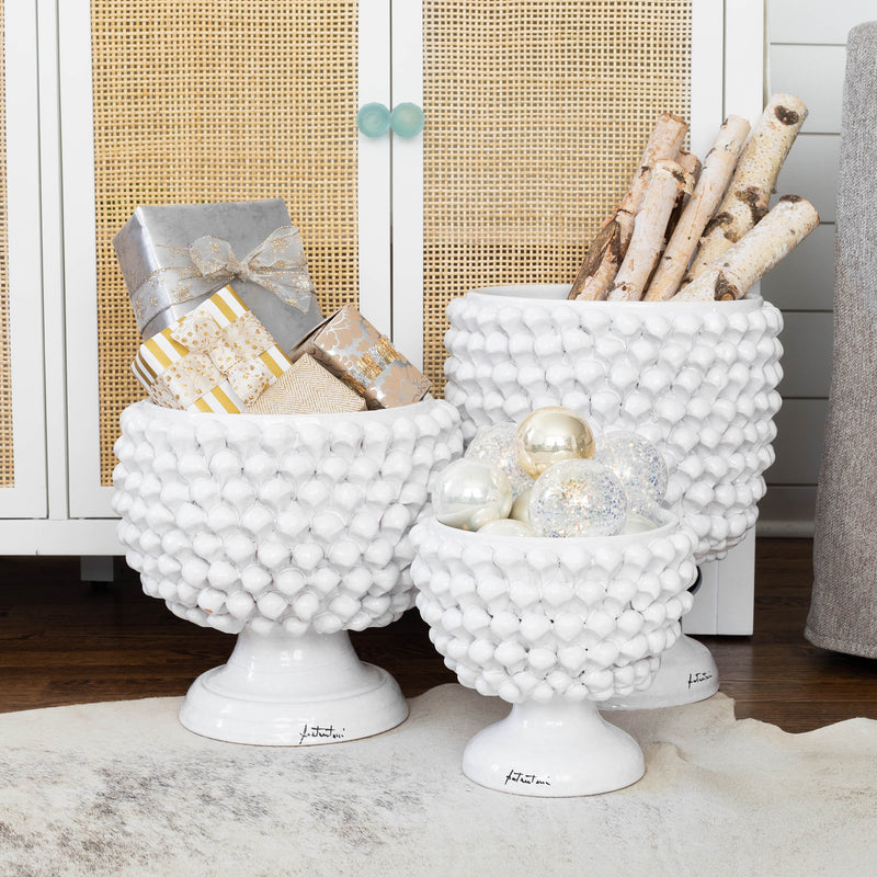 Vietri white ceramic pinecone-texture planter set, three pieces