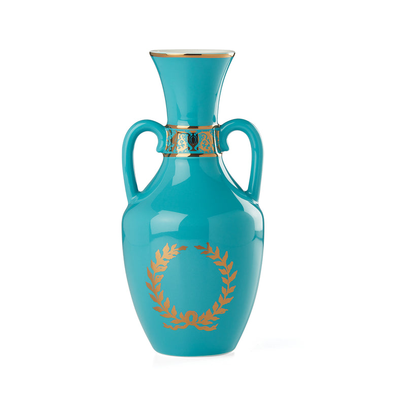 Lenox Lx Remix large aqua vase with gold rim, handles, and laurel wreath design