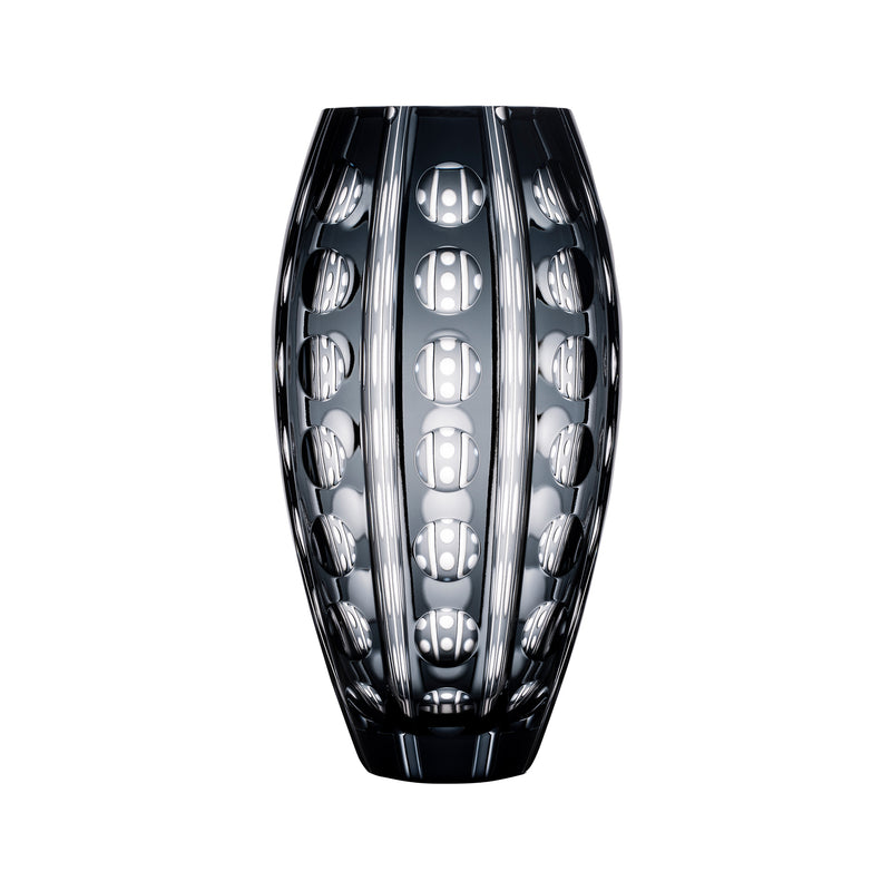 Rogaska crystal black vase with faceted vertical cutouts and rounded silhouette