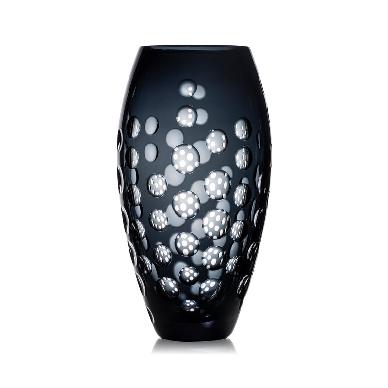 Rogaska crystal black vase with raised bubble dot pattern