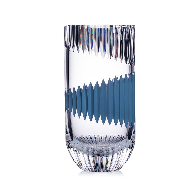 Rogaska crystal vase, cylindrical clear glass with blue ocean cut pattern