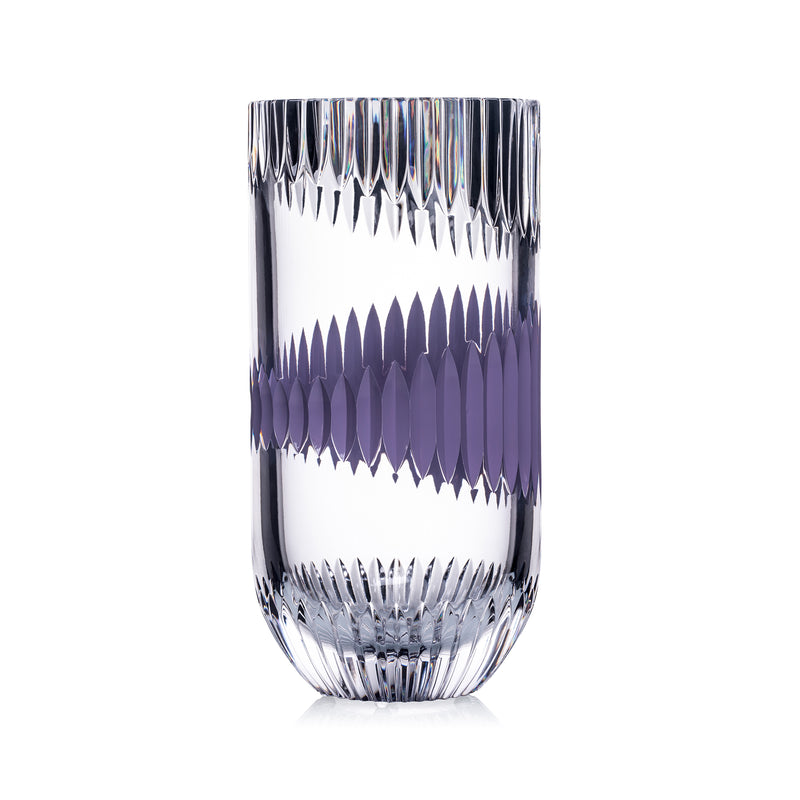 Rogaska crystal vase, cylindrical clear glass with purple faceted band
