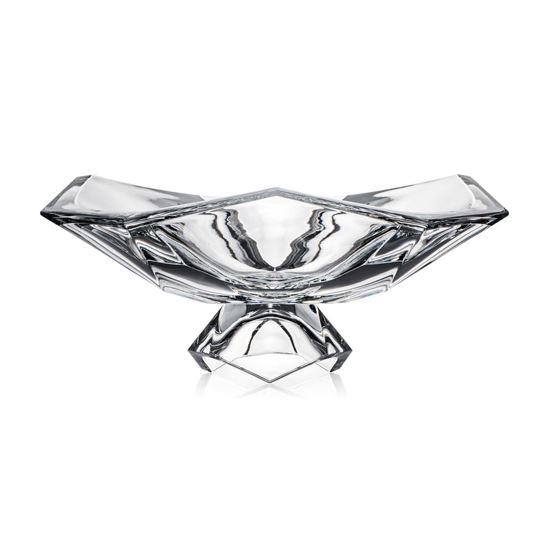 Rogaska crystal footed bowl with prism-cut clear glass design, raised pedestal base