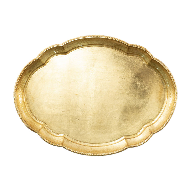 Wooden golden oval tray with scalloped Florentine-style border