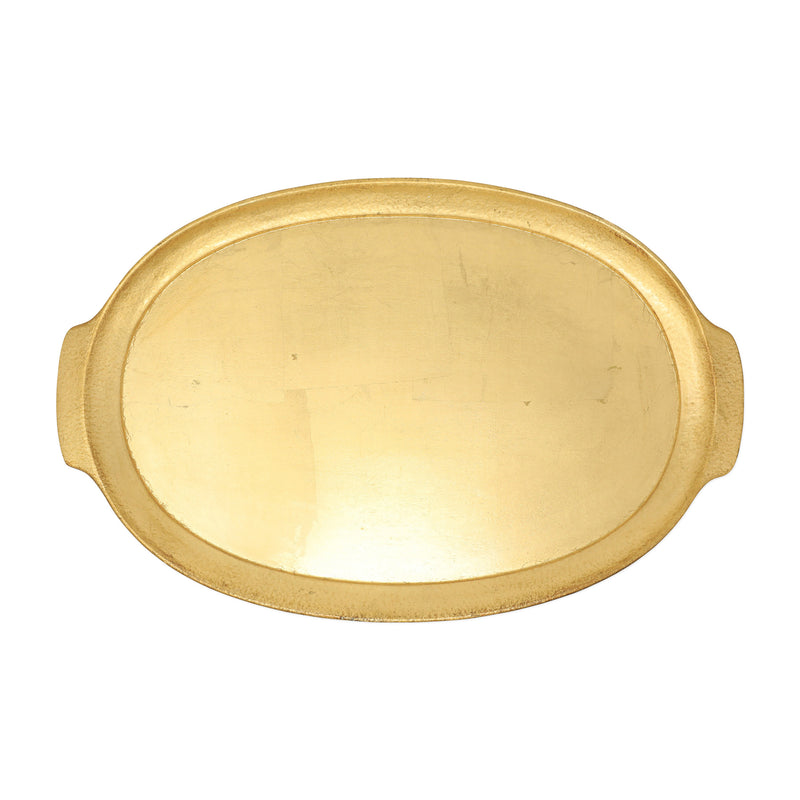 Golden oval wooden serving tray with raised side handles